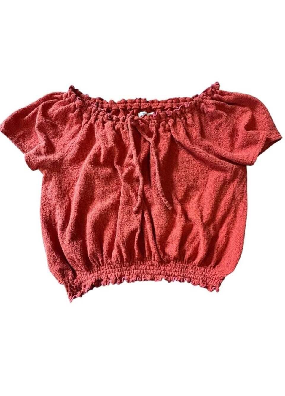 Madewell Womens Small Shirt Top Blouse Crop brick red/orange Short Puff Sleeve